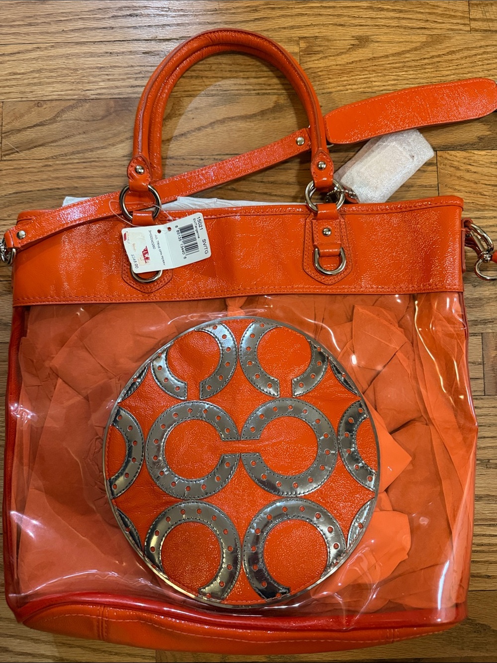 New Coach 15021 Transparent Clear Red Tote Colette Plastic Beach Bag Tangerine